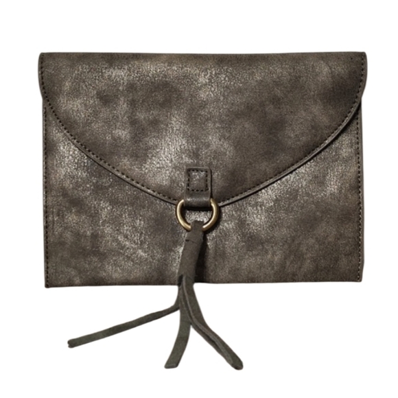 Anthropologie Handbags - Anthropologie Metallic Envelope Clutch Bag with a Distressed Finish and a Tassel